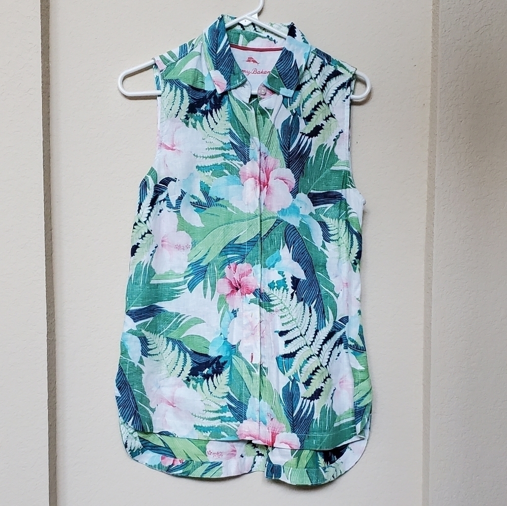 Tommy Bahama Women's Linen Fern Floral Multi Color Sleeveless Blouse Size XS/PT